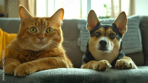 A cat and a dog sitting together on a couch, looking curiously at the camera.