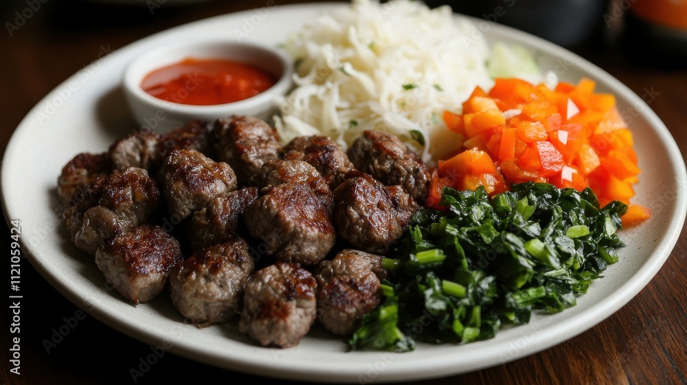 Grilled meatballs served with rice, peppers, and greens. Perfect for showcasing healthy, flavorful meals. Grilled meatballs served with rice, peppers, and greens. Perfect for showcasing healthy, flavorful meals.