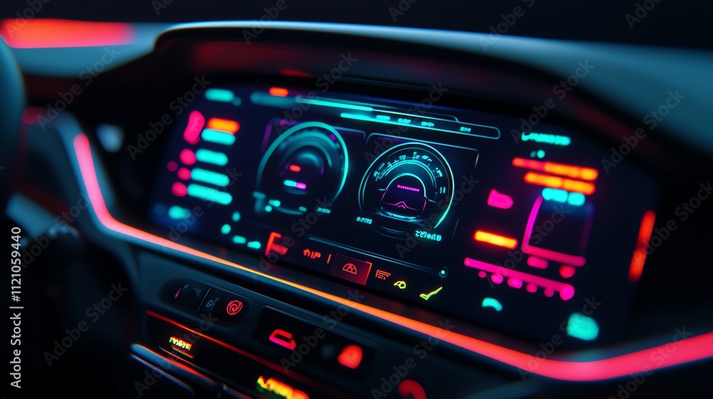Modern car dashboard display with vibrant lights. Modern car dashboard display with vibrant lights.