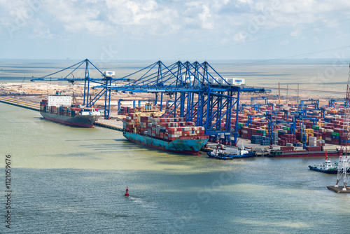 Aerial view, top view cargo ship port in the export, import business and logistics international goods in Cat Ba Islands, Hai Phong City, Vietnam