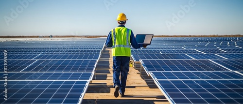 Engineer inspects solar panel farm installation. photo