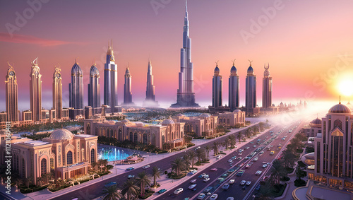 3D concept background of Dubai City. stunning skyline of the United Arab Emirates' main center at dawn, with opulent buildings photo