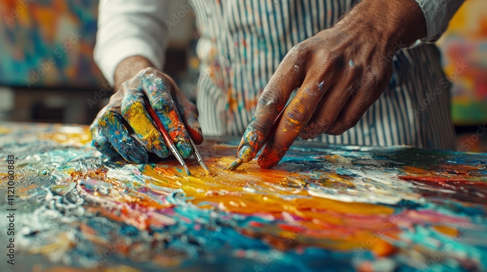 Amid a burst of color, an LGBT artist's hands mix vibrant paints on a canvas, showcasing passion and creativity in a lively studio filled with inspiration Amid a burst of color, an LGBT artist's hands mix vibrant paints on a canvas, showcasing passion and creativity in a lively studio filled with inspiration
