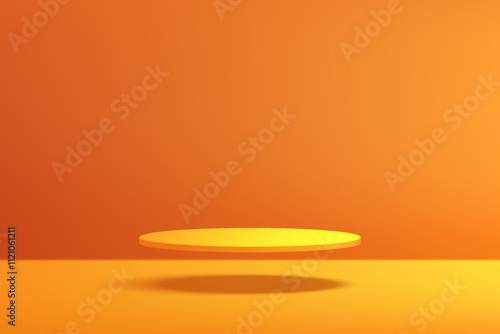 3D yellow cylindrical podium background floating on air with orange wall scene. Minimalist 3D mockup pedestal. Abstract stand product display presentation, Stage for showcase. Vector platforms design.