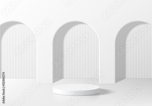 3D white cylindrical podium background with 3 arch gates wall scene. Minimalist mockup pedestal. Abstract stand product display presentation. Stage for showcase. Platforms geometric vector design.