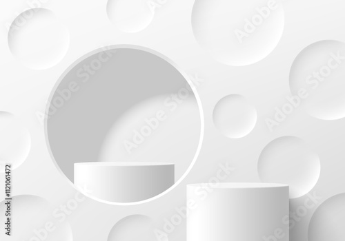 3D white cylindrical podium in round window background with emboss circles wall scene. Minimalist mockup pedestal. Abstract stand product display presentation, Stage showcase. Vector platforms design.