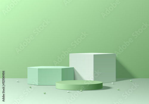 3D green cylindrical podium background with white cube and hexagon pedestal. Minimalist mockup pedestal. Abstract product display wall scene presentation, Stage for showcase. Vector platforms design.