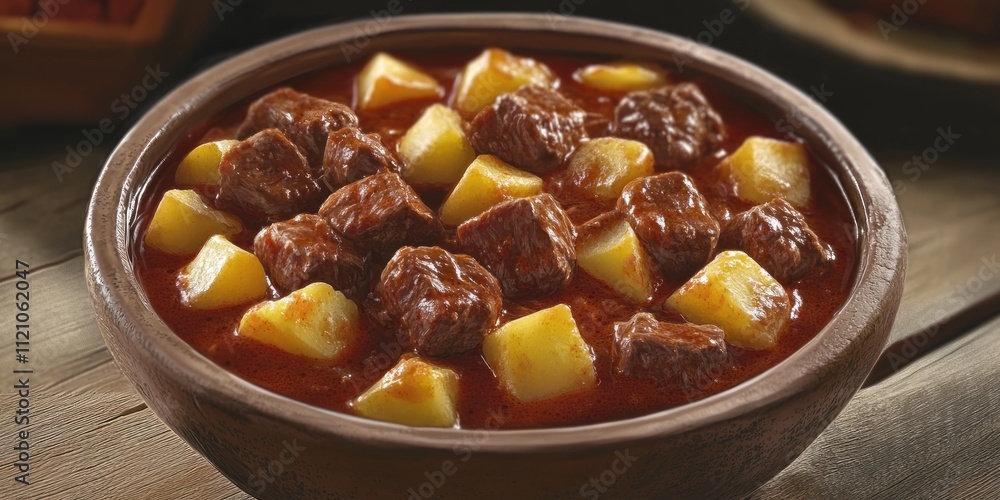 A bowl of hearty beef stew with potatoes in a rich sauce. A bowl of hearty beef stew with potatoes in a rich sauce.