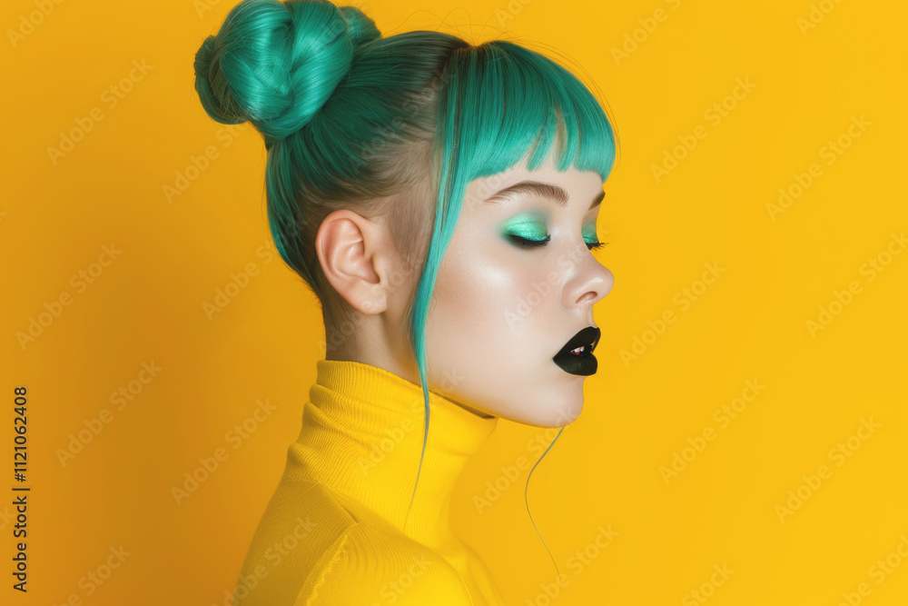 Naklejka premium Fashion portrait featuring young woman with bright turquoise hair dramatic makeup and solid yellow background, exuding modern style and confidence