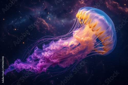 One vibrant bioluminescent jellyfish gliding through deep sea, showcasing its luminous and colorful tentacles, jellyfish creating mesmerizing and ethereal underwater spectacle