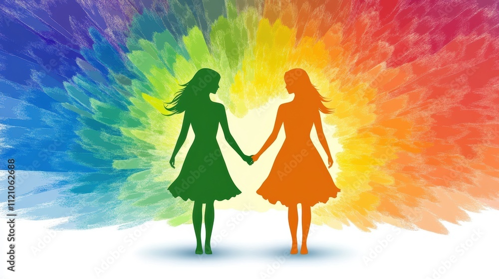 Emotional ConnectionSilhouette of Two People Holding Hands Rainbow Background Digital Art Vibrant Colors Romantic Concept
