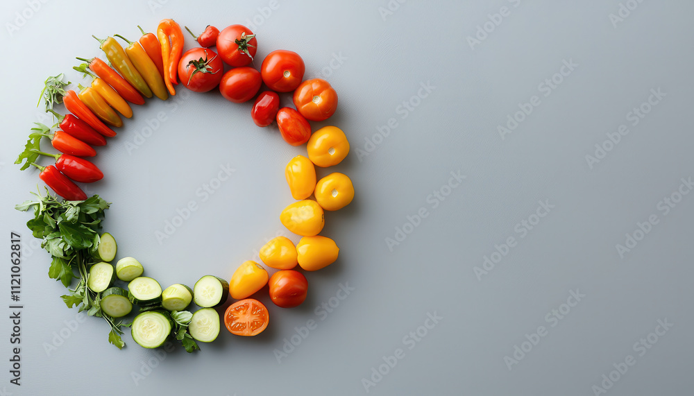 Fresh vegetables arranged in colorful circular display, showcasing variety Fresh vegetables arranged in colorful circular display, showcasing variety