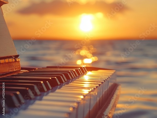 Illuminated Piano Keys Sunset Beach Abstract Close-Up Coastal Environment Artistic Viewpoint Light and Music Concept