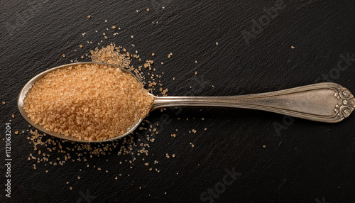 brown sugar in a iron spoon on a black background photo