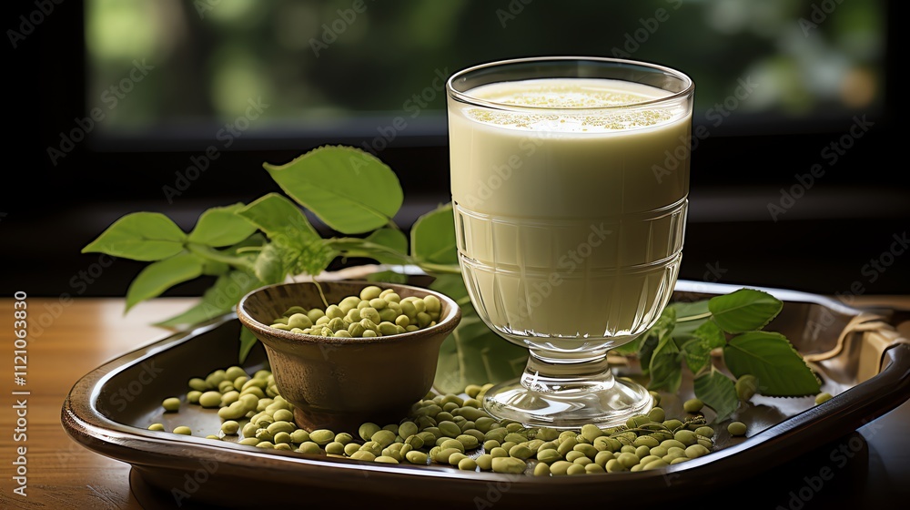 Glass of green soy milk with soybeans on a tray. Glass of green soy milk with soybeans on a tray.