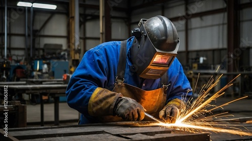 Welder working on metal fabrication in industrial setting.