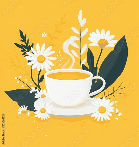 National Tea Day poster with cup tea, daisy flowers and leaves on yellow background. cup and saucer, tea leaves, tea bag elements, hot black or green herbal fabric tea bag