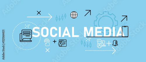 Social media conceptual outline icons internet media technology information network connection symbol design header background