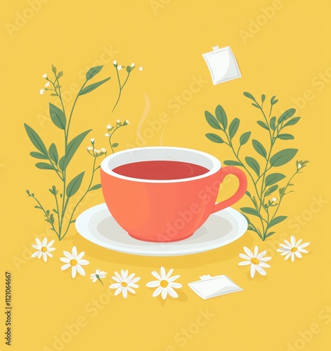 National Tea Day poster with cup tea, daisy flowers and leaves on yellow background. cup and saucer, tea leaves, tea bag elements, hot black or green herbal fabric tea bag