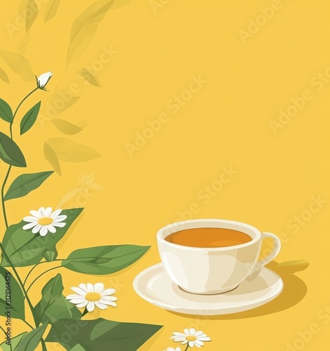 National Tea Day poster with cup tea, daisy flowers and leaves on yellow background. cup and saucer, tea leaves, tea bag elements, hot black or green herbal fabric tea bag