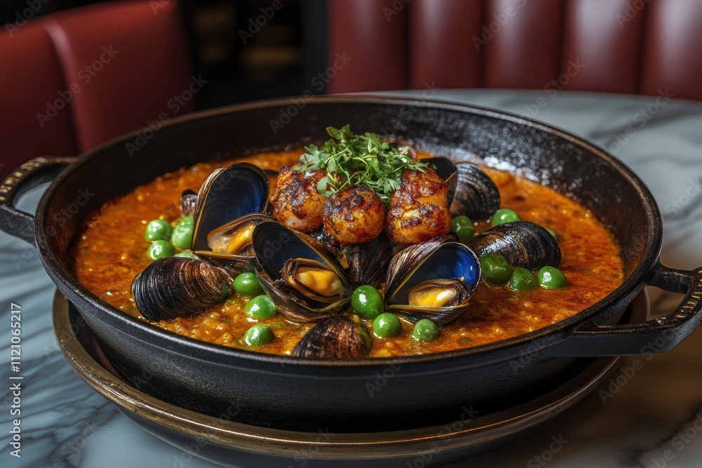 Creating a Vibrant Seafood Paella with Saffron Rice Mussels and Shrimp at a Coastal Kitchen Creating a Vibrant Seafood Paella with Saffron Rice Mussels and Shrimp at a Coastal Kitchen