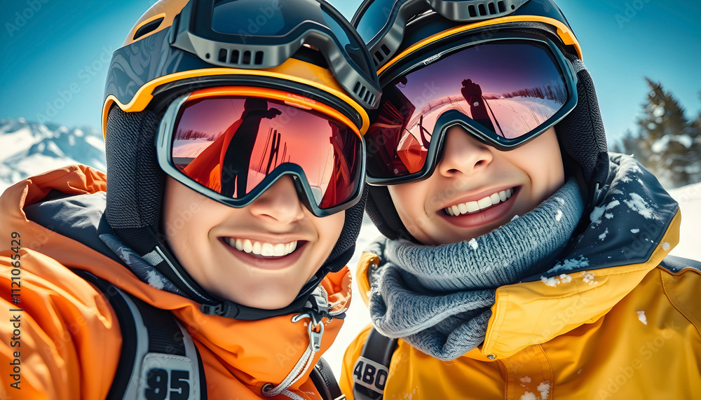 Primer plano de una pareja de novios jóvenes con casco, gafas y ropa de esquí haciéndose un selfi en un paisaje nevado montañoso. Invierno, nieve, frio, esquí Primer plano de una pareja de novios jóvenes con casco, gafas y ropa de esquí haciéndose un selfi en un paisaje nevado montañoso. Invierno, nieve, frio, esquí