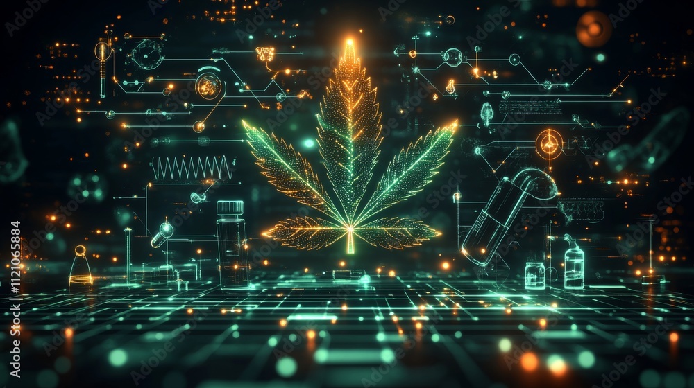 Fototapeta premium Futuristic cannabis leaf with digital graphics