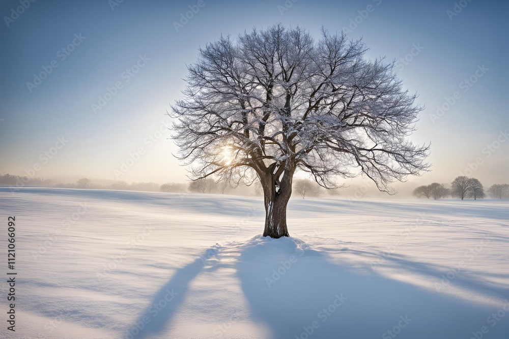 Single tree in winter landscape, A serene winter landscape showcasing a lone tree covered in frost or snow, standing amidst a vast expanse of snow-covered fields. Single tree in winter landscape, A serene winter landscape showcasing a lone tree covered in frost or snow, standing amidst a vast expanse of snow-covered fields.