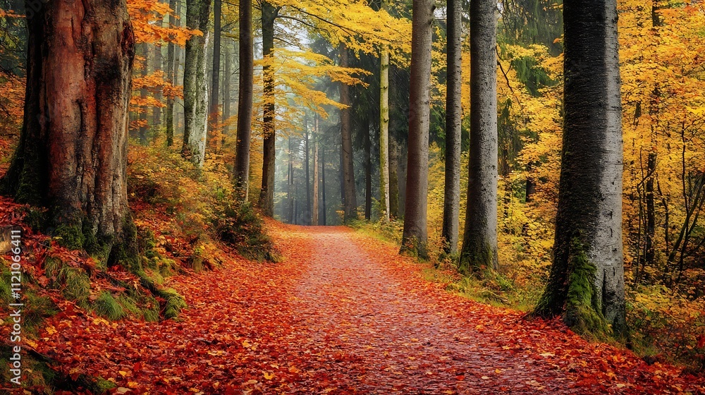A peaceful autumn forest with a narrow trail covered in fallen leaves and flanked by tall trees A peaceful autumn forest with a narrow trail covered in fallen leaves and flanked by tall trees