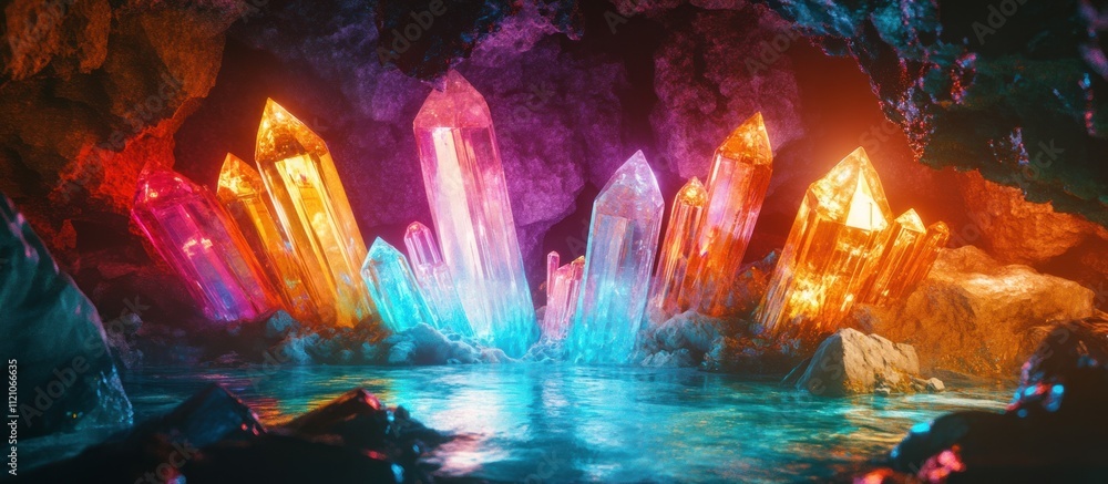 Glowing crystals in a dark cave reflecting in a pool of water. Glowing crystals in a dark cave reflecting in a pool of water.