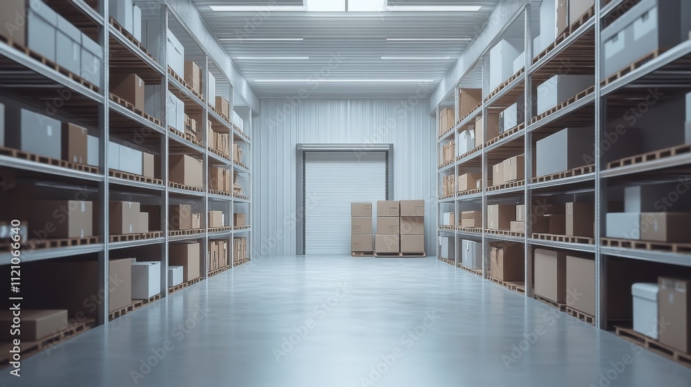 Spacious and Organized Warehouse Interior with Shelving Units and Boxes Ready for Distribution and Storage Spacious and Organized Warehouse Interior with Shelving Units and Boxes Ready for Distribution and Storage