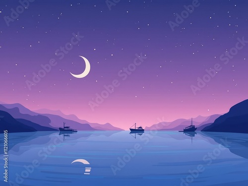 Harbor background at night under purple sky