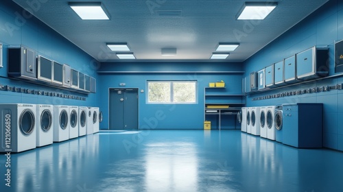 Bright and Modern Laundry Room with White Washing Machines and Blue Walls in a Clean Environment