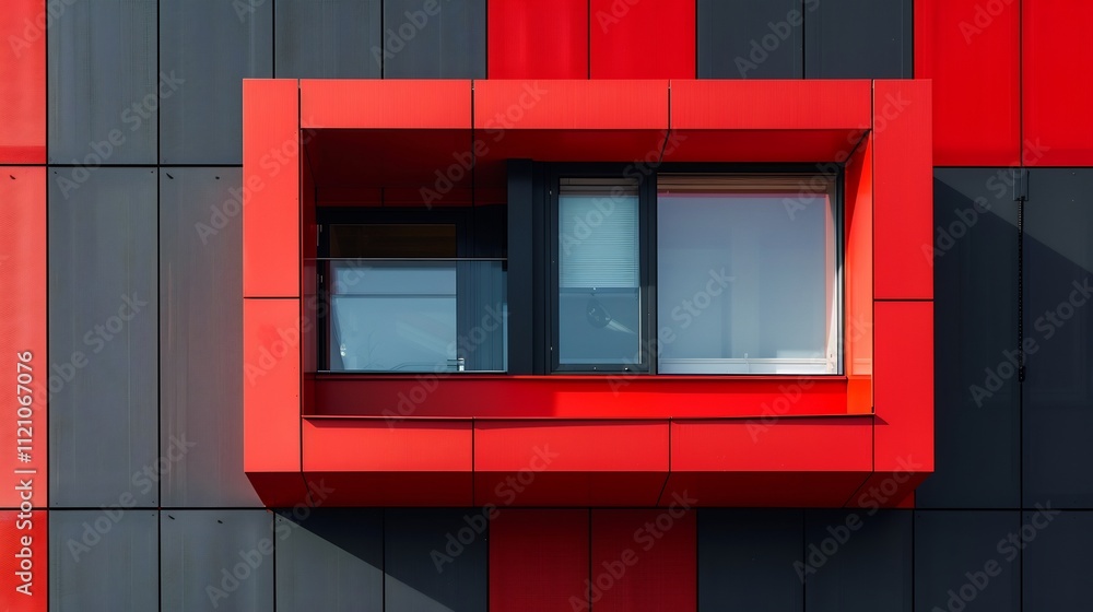 Red and Black Modern Building Facade with Window Red and Black Modern Building Facade with Window