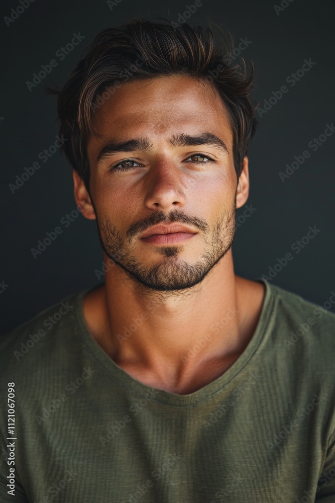 Obraz premium A young man with a neutral expression or a cheerful smile. Wear simple, solid colored clothes.