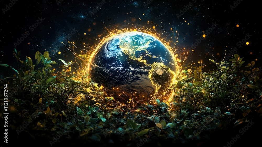 A vibrant image of Earth surrounded by glowing elements, symbolizing nature, energy, and environmental awareness. A vibrant image of Earth surrounded by glowing elements, symbolizing nature, energy, and environmental awareness.