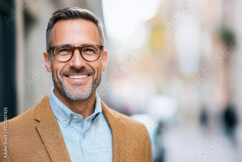 Entrepreneur walking down street of thriving city, smiling confidently, Milestone, Business journey, success