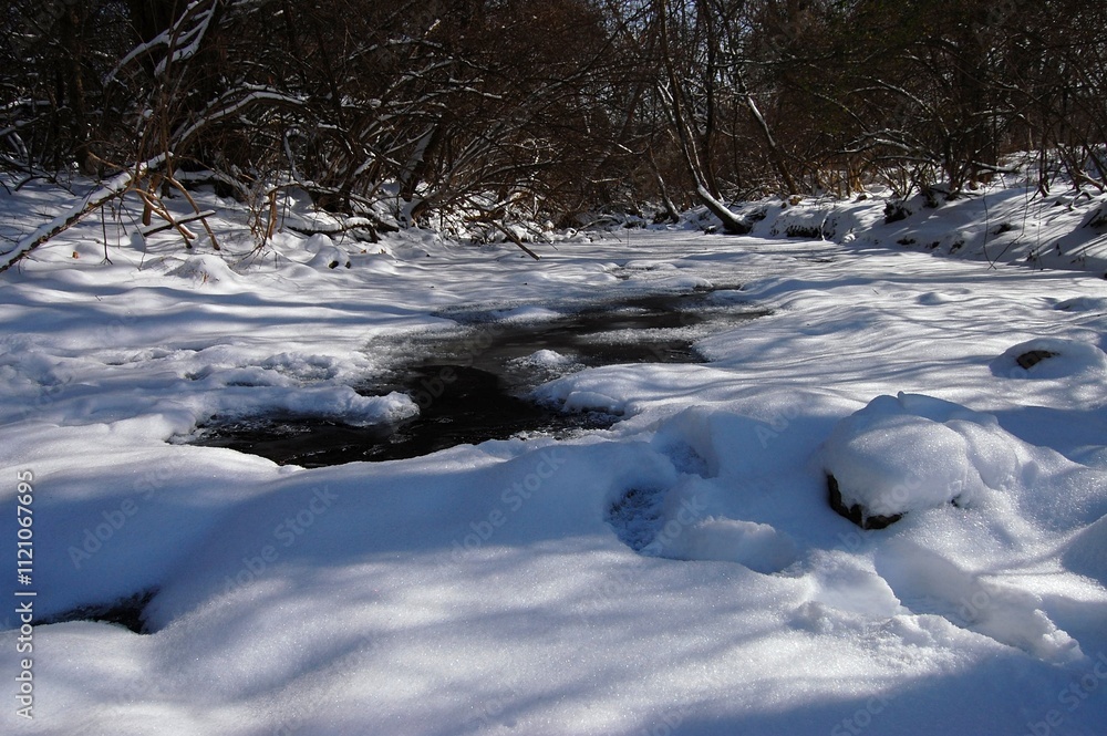 Frozen creek with snow around it, winter concept Frozen creek with snow around it, winter concept