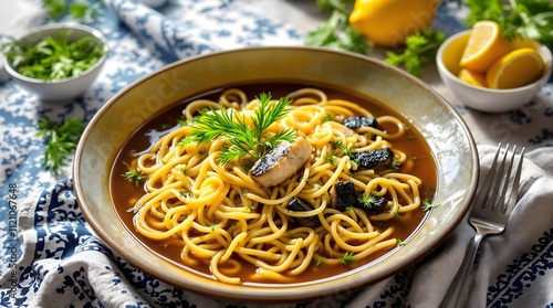 Kespe Balik - Noodles with Smoked Fish Broth and Dill (Turkmenistan Cuisine) photo