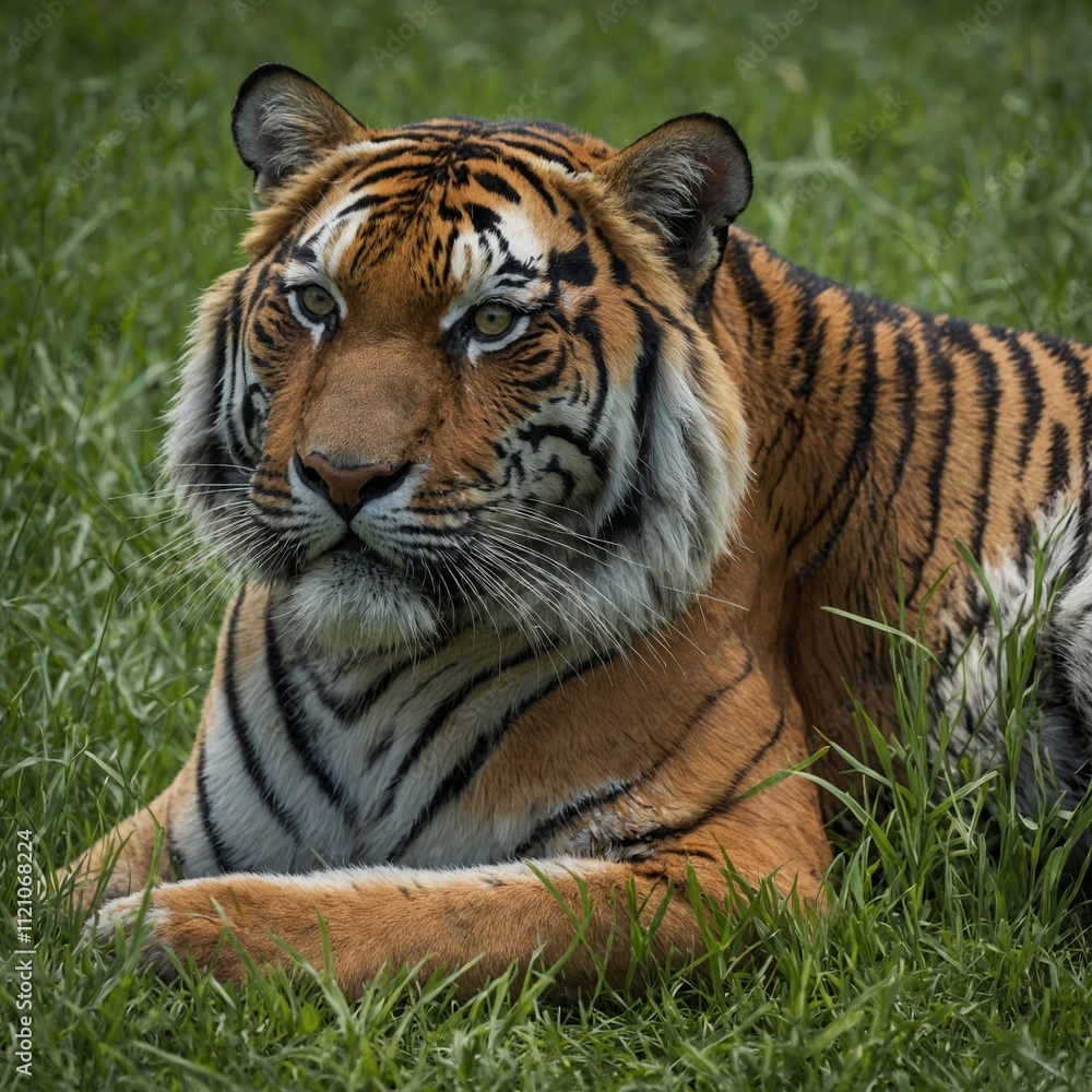 Fototapeta premium A close-up of a Bengal tiger lounging in lush green grass, with a clear blue sky.