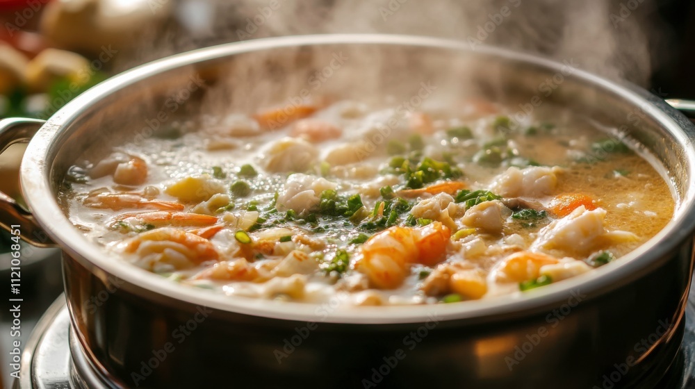 Steaming Pot of Mixed Seafood Chowder Delight Steaming Pot of Mixed Seafood Chowder Delight