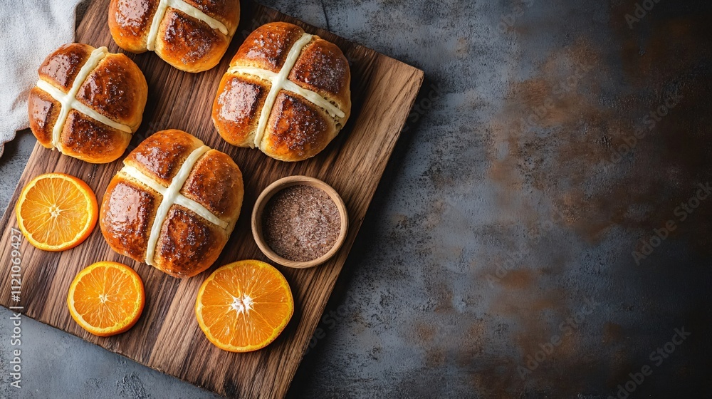 A rustic wooden board featuring hot cross buns, fresh orange slices, and a small bowl of cinnamon sugar A rustic wooden board featuring hot cross buns, fresh orange slices, and a small bowl of cinnamon sugar