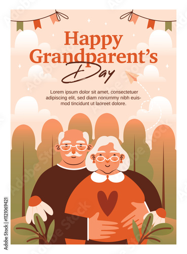 Happy Grandparent's Day. Invitation on party with naive illustration of old couple, senior woman, senior man hugs on nature. Cute vector banner template with hand drawn text. Creative modern layout.