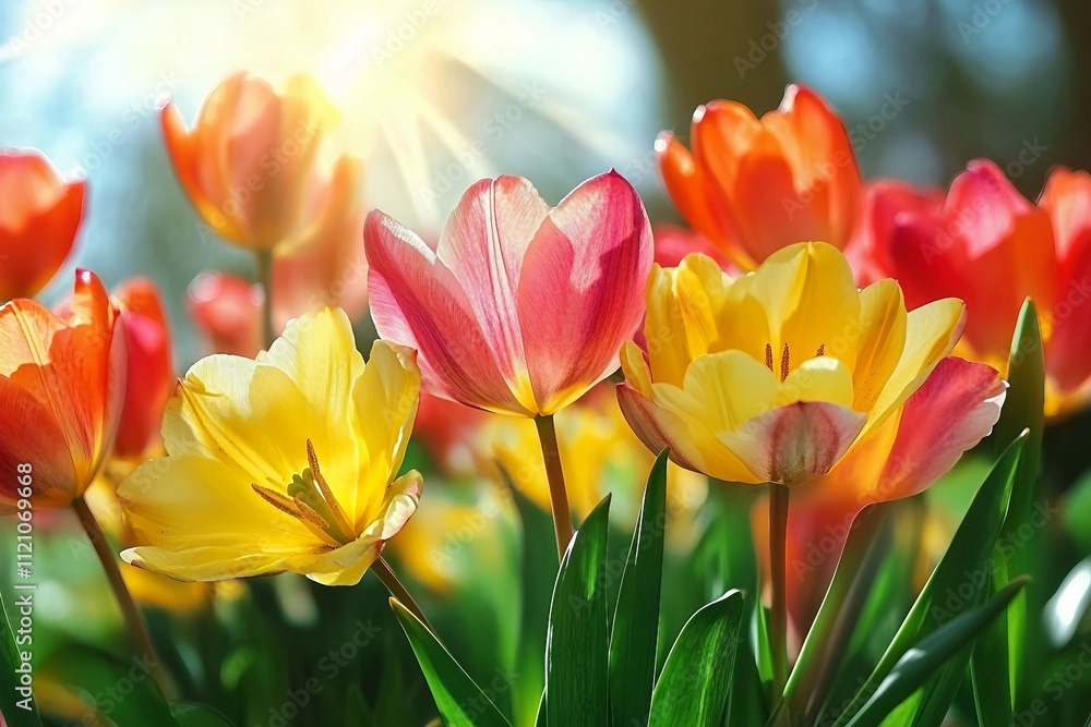 bright sunny day in may with tulip field in various colors bright sunny day in may with tulip field in various colors