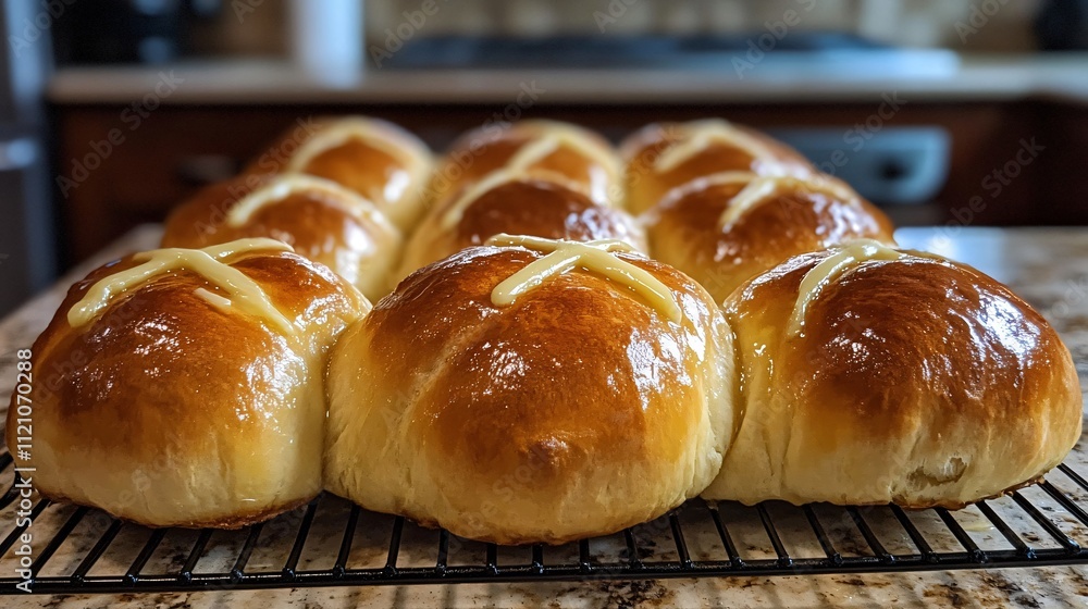Hot cross buns arranged on a cooling rack, with melted butter dripping off the sides, on a rustic kitchen countertop Hot cross buns arranged on a cooling rack, with melted butter dripping off the sides, on a rustic kitchen countertop