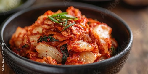 Kimchi cabbage served in a bowl, showcasing the essence of Korean food. This vibrant kimchi cabbage dish is prepared and ready for enjoying a delicious and authentic experience.