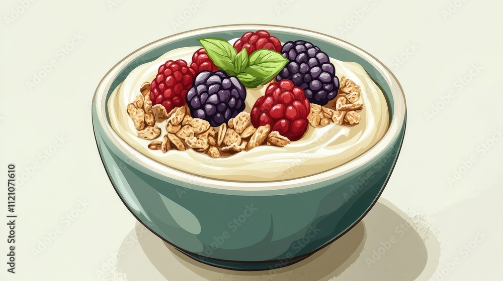 A bowl of yogurt with granola and fresh berries on top, placed on a clean surface with copy space. A bowl of yogurt with granola and fresh berries on top, placed on a clean surface with copy space.