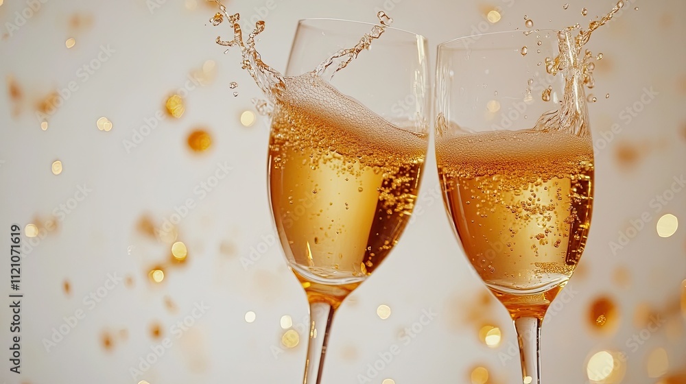 Two champagne glasses clinking together, with golden bubbles splashing, representing a celebratory toast, isolated on a white background for festive moments and New Year's Eve. Two champagne glasses clinking together, with golden bubbles splashing, representing a celebratory toast, isolated on a white background for festive moments and New Year's Eve.
