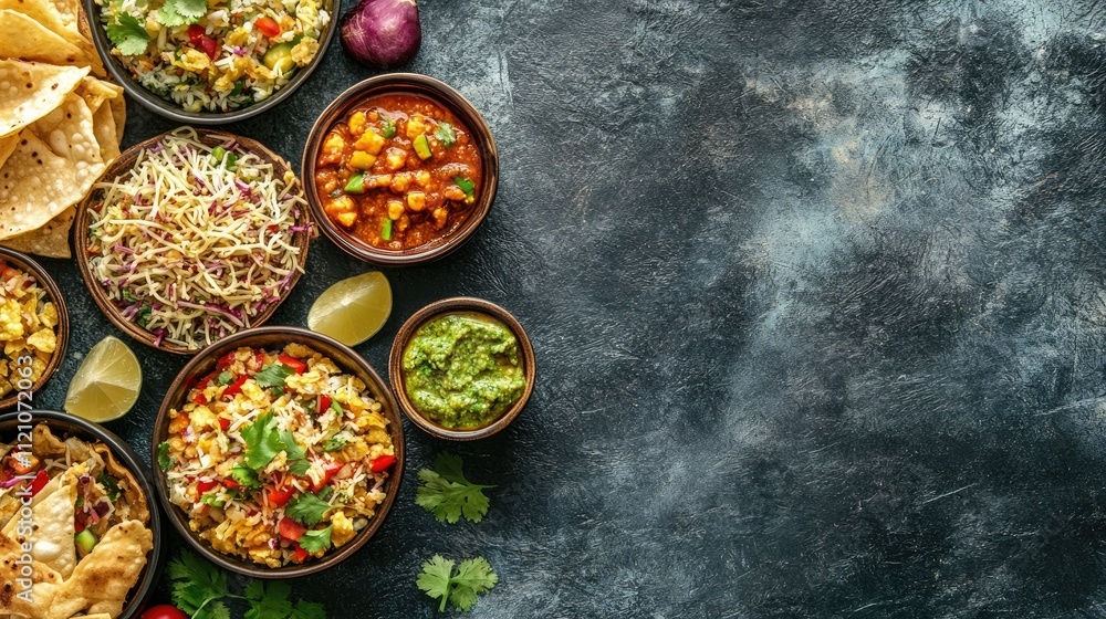 A colorful spread of bhel puri with sev and tamarind chutney, placed on a plain surface with copy space. A colorful spread of bhel puri with sev and tamarind chutney, placed on a plain surface with copy space.