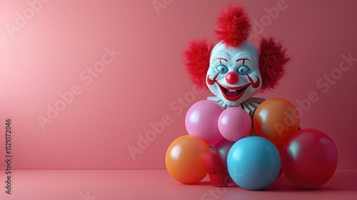 Creepy clown face with colorful balloons against a pink background.